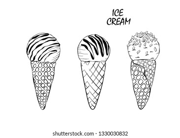 Set of vector illustration ice cream. Sketching hand drawn style. 