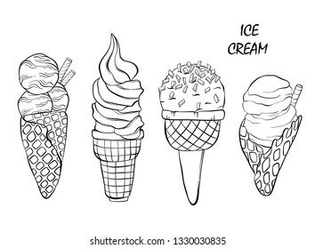 Set of vector illustration ice cream. Sketching hand drawn style. 