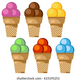 Set of vector illustration of ice cream. Waffle cups with three ice cream balls.
