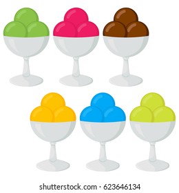 Set of vector illustration of ice cream. Multicolored creamy ice cream in a glass vase