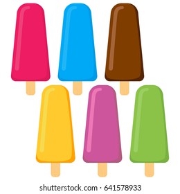 Set of vector illustration of ice cream. Multicolored creamy ice cream on a wooden stick