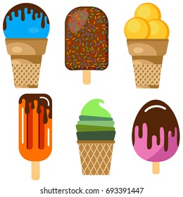 Set of vector illustration of ice cream. Multicolored creamy ice cream 
