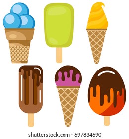 Set of vector illustration of ice cream. Multicolored creamy ice cream 