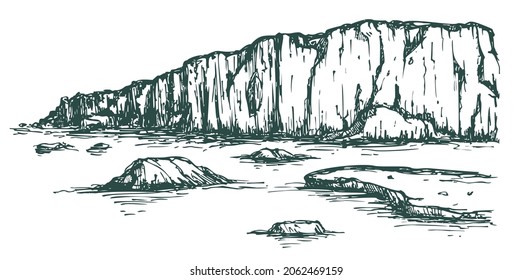 Set of vector illustration iceberg in monochrome sketch engraved style isolated on white background. Collection big ice mountain in water. Hand drawn vintage design element.