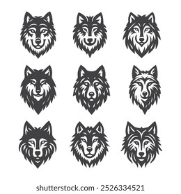 set of vector illustration icon a stylized wolf head in a vintage style paired with classic logo