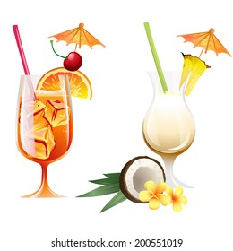 Set of Vector Illustration Icons beach tropical cocktails bahama mama and pina colada with garnish