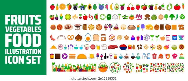set  of Vector illustration icons in cartoon style with food, fish, meat, vegetable, bread, Fruits, berries, dairy, bakery, seafood. orange, pineapple, kiwi, mango, banana icon bundle. food icon set.