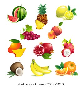 Set of Vector Illustration Icons tropical fruits with leaves and flowers