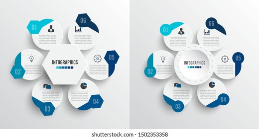 Set vector illustration infographics 6 options. Template for brochure, business, web design. For content, diagram, flowchart, steps, parts, timeline infographics, workflow, chart