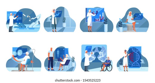 Set of vector illustration of innovative healthcare. Concept of modern medicine treatment, expertize, diagnostic. Virtual environment in hospital. An idea of clinic innovation