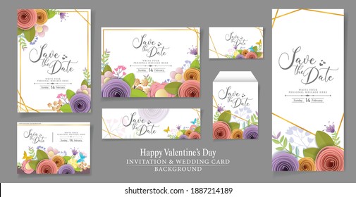 Set of vector and illustration Invitation or wedding card design. craft paper flowers, spring, autumn, wedding and valentine festive floral bouquet, bright fall colors.