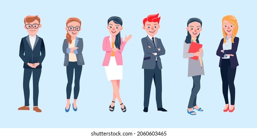 Set of vector illustration isolated International business team characters working, standing and smiling in office suit.  design for use in global design such as web page, presentation and artwork. 