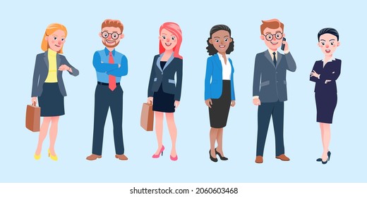 Set of vector illustration isolated International business team characters working, standing and smiling in office suit.  design for use in global design such as web page, presentation and artwork. 