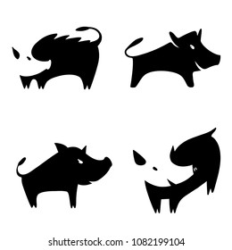 Set vector illustration isolated silhouette black hog, pork. Template concept image with pig, boar on white background.