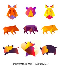 Set vector illustration isolated silhouette hog, pork. Template concept image with pig, boar. Concept template image logo, badge, emblem sign. 