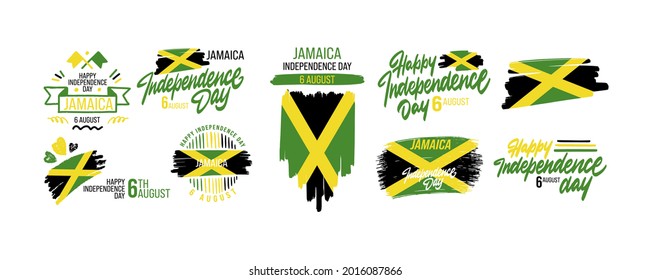 Set Vector illustration Jamaica's Independence Day, Jamaica's flag in trendy grunge style. 6 august design template for poster, banner, flayer, greeting,invitation card. Independence day card.