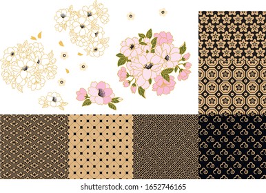 Set of vector illustration Japanese elements floral art. Details of Asian art for creating your own pattern