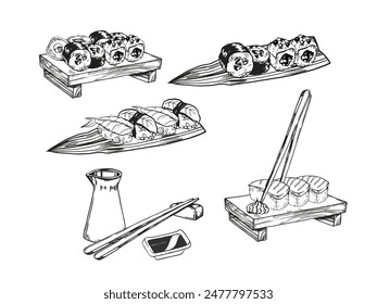 set vector illustration of Japanese food theme with rolls, sushi, sashimi, soy sauce, chopsticks, hand drawn inked monochrome sketch of seafood, frame isolated on white background