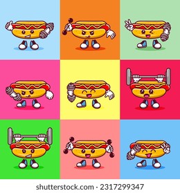 Set of Vector illustration of kawaii hotdog cartoon character with barbell. Vector eps 10