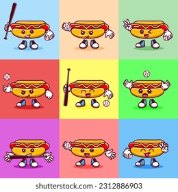 Set of Vector illustration of kawaii pizza cartoon character with baseball bat and ball. Vector eps 10