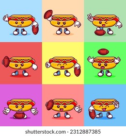 Set of Vector illustration of kawaii pizza cartoon character with american football balll. Vector eps 10