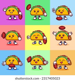 Juego de ilustración vectorial del personaje de dibujos animados kawaii taco con la pelota de fútbol estadounidense. Vector eps 10