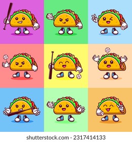 Conjunto de ilustraciones vectoriales del personaje de dibujos animados kawaii taco con bate de béisbol y bola. Vector eps 10