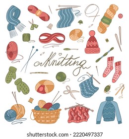 Set vector illustration. Knitting tools, yarn, wools, knitting needles.