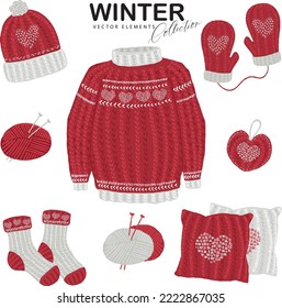 Set vector illustration . Knitting tools, yarn, sweater , winter clothes and cushion