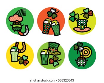 Set of vector illustration label for St. Patrick's Day.
Irish symbols for design badges, stamps, patches. Clover, pot, hat, horseshoe, glass of beer.