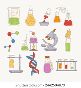 Conjunto, laboratorio de ilustración vectorial, investigación de laboratorio, investigación química. Microscopio, matraz, vaso medidor, pipeta, gen. Equipo médico