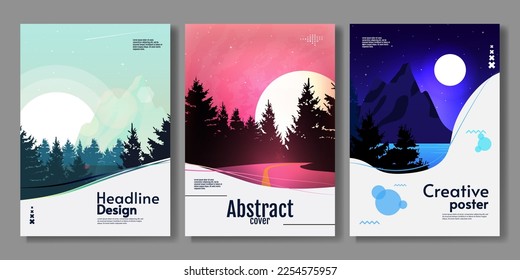 Set of vector illustration. Landscape posters, design for invitation, poster, banner, postcard, business. Flat style illustration. Sunset, sunrise and night landscape.