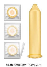 Set of vector illustration of latex condom in packing and without it isolated on white background, contraception and sexual protection.