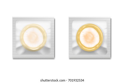 Set of vector illustration of latex condom in packing isolated on white background, contraception and sexual protection.