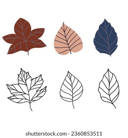 Set of vector illustration of leaves of maple, oak, birch in cozy autumn colors, Isolated objects for scrapbooking, textile or book covers, wallpaper, design, graphic art, printing, hobby, invitation.