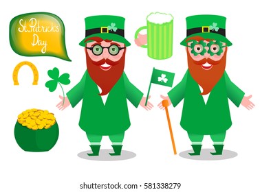 Set Vector illustration. Leprechaun costume. Funny red bearded man. Cheerful laughter. St.Patrick 's Day. Isolated on white background.