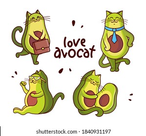 Conjunto de ilustraciones vectoriales con una frase con letras. A los gatos caricaturistas les encanta el aguacate y el estilo de vida saludable. La colección es buena para un aspecto familiar, diseños de camisetas, pegatinas, anuncios, etc