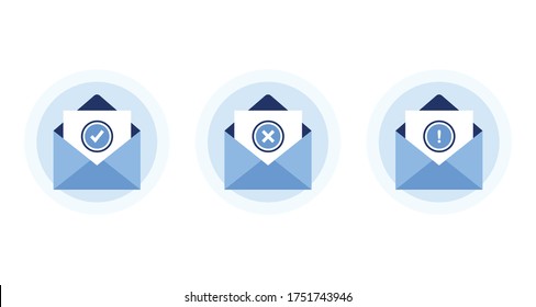 Set vector illustration letters in open envelopes. Receive and send messages. Confirmation, error, warning. With approved and rejected letters. Newsletter subscription. Blue. Eps 10