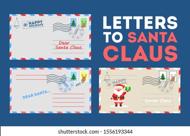 Set of vector illustration of letters to Santa Claus with cute traditional christmas decoration. Vinage letter envelope with stamp, festive postage element.