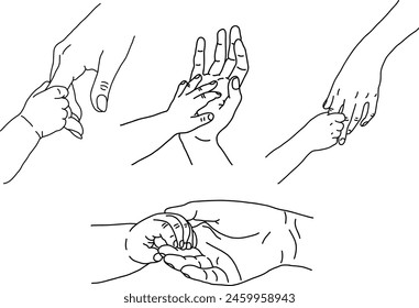 set of vector illustration in line art of mother and son, mother's day celebration background, mother and son hands