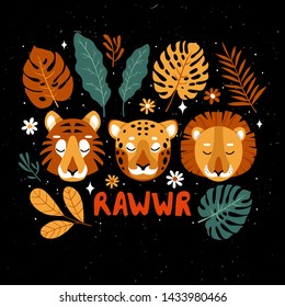set with vector illustration of lion, tiger and leopard faces with different tropical leaves and flowers on dark background. Safari animal set for posters or cards
