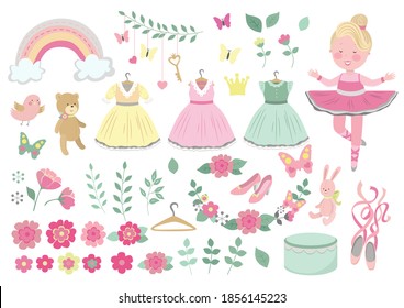 Set of vector illustration little ballerina wits objects. Dresses for princess, flowers, ranebow, ballet shose and toys.
