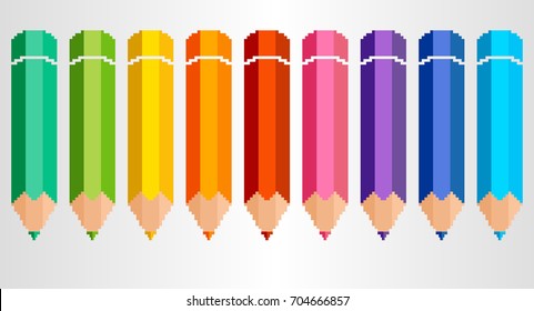 Set of vector illustration with little colorful pixel art pencils on white background.