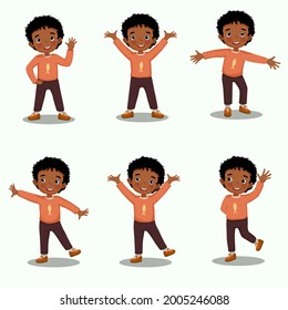 Conjunto de ilustraciones vectoriales de un niño africano feliz con diferentes gestos de mano y piernas posadas y posiciones, como levantar las manos, ondear, tomar la mano en la cadera y pararse con una pierna.