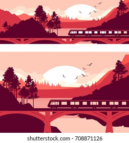 Set Vector illustration of a locomotive, a train at high speed on a railway bridge in a mountain landscape