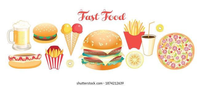 Set of vector Illustration of lovely fast food food isolated on white background. Example of burgers and other food for advertising