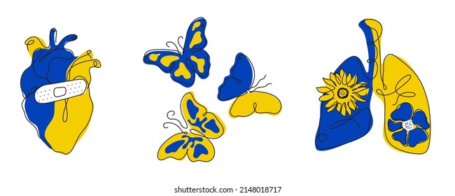 Set of vector illustration with lungs, cornflower, sunflower, heart and butterflies in nationality Ukrainian flag color. Global politics, NO WAR aggression problem picture in continuous line art style