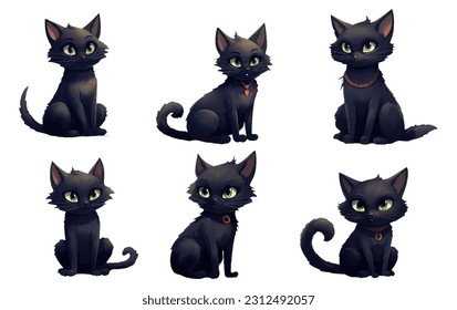 set vector illustration of magic black cat halloween concept isolated on white background