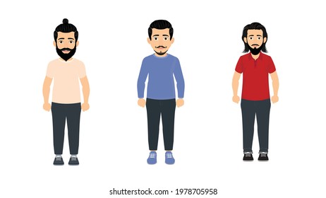 set of Vector illustration of mans in casual clothes under the white background. Cartoon realistic peoples illustration. Flat young man. Front view people