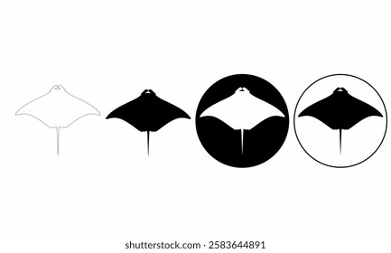 Set Vector illustration of a manta ray in outline, silhouette, and circular badge styles. Ideal for marine life, ocean, diving, sea creatures, logos, and conservation designs.